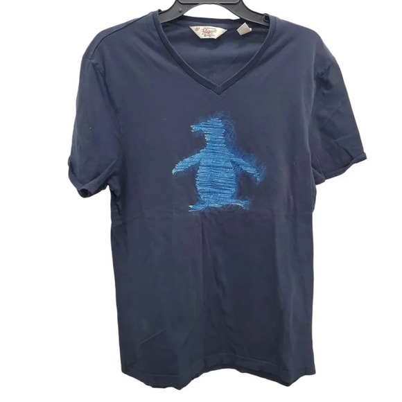 Penguin by Munsingwear Men's Navy Scribble‎ Brand Logo Short Sleeve V-Neck Tee L - Picture 1 of 4